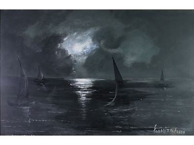 Paesaggio Marino al Chiar di Luna con Barche a Vela