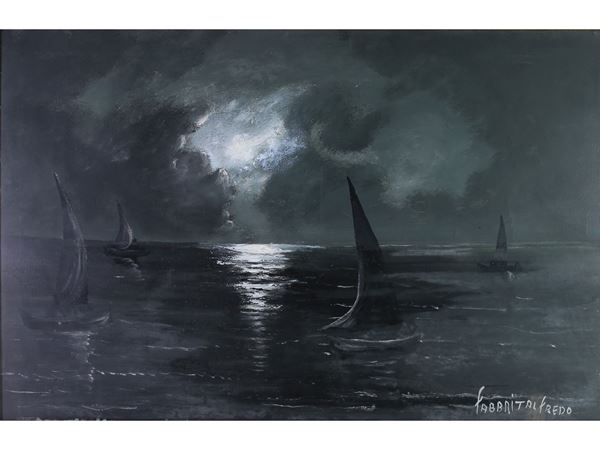 Paesaggio marino al chiar di luna con barche a vela