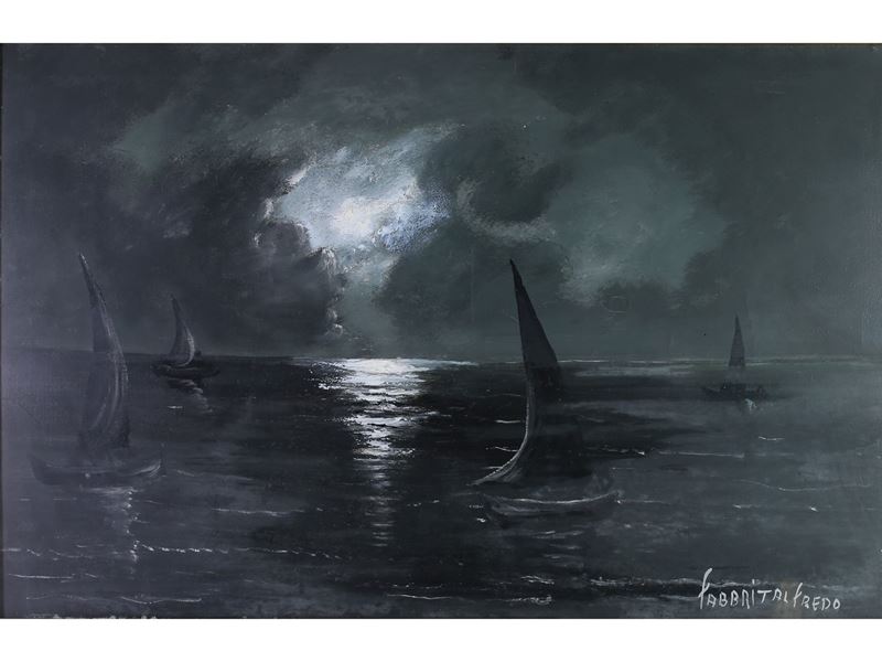 Paesaggio Marino al Chiar di Luna con Barche a Vela
