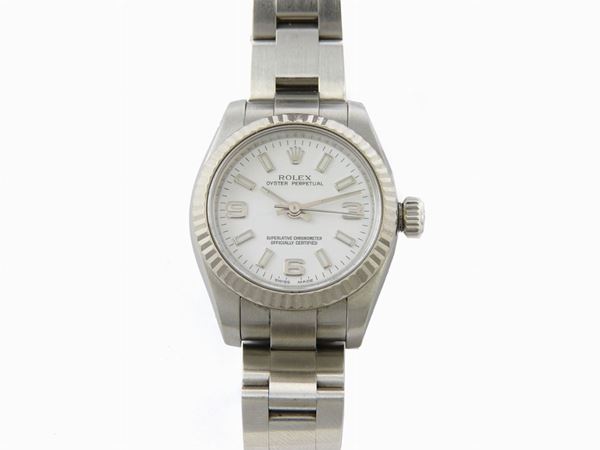 Stainless steel Rolex ladies wristwatch with white gold bezel