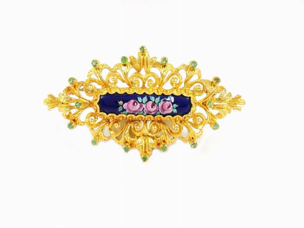 Yellow gold brooch with multicoloured enamels and emeralds