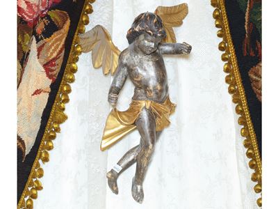 Amgelo per Baldacchino in Legno Intagliato, Dorato e Argentato