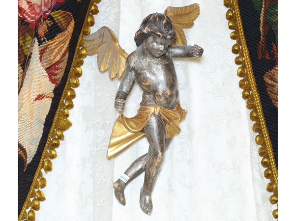 Angel for canopy in carved, gilded and silvered wood  (19th century)  - Auction Lazzi's House - first part Furniture, paintings, Murano glass, curiosities - Maison Bibelot - Casa d'Aste Firenze - Milano