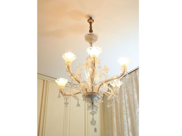 Lampadario in vetro soffiato incolore di Murano