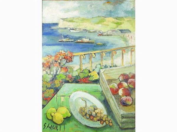 Emanuele Cappello - Natura morta con frutta e paesaggio marino sullo sfondo