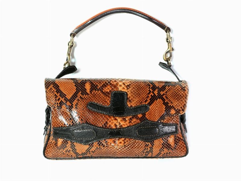 Borsa a Spalla in Pelle e Pitone Marrone, Valentino