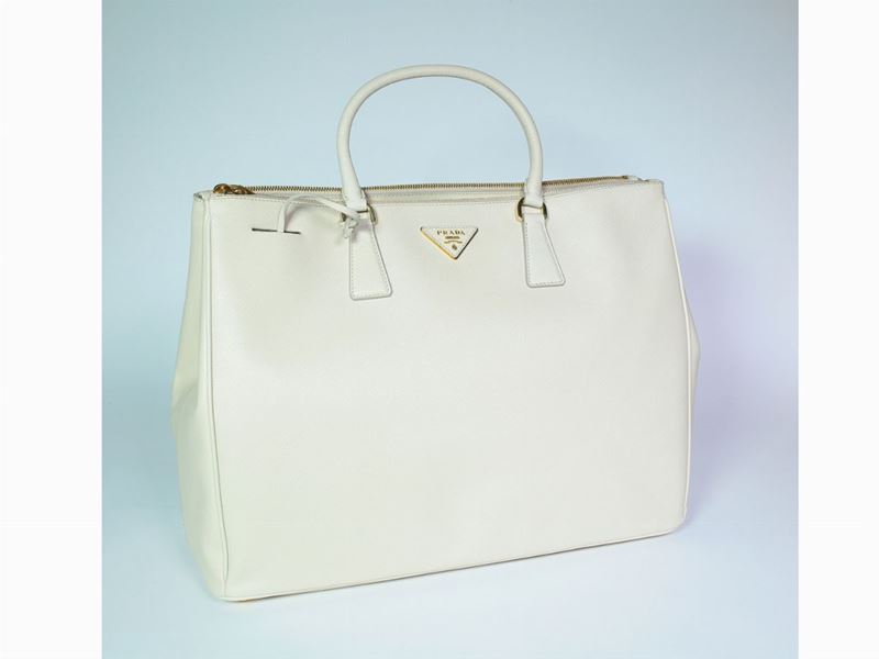 Borsa a Mano in Pelle Saffiano Avorio, Prada