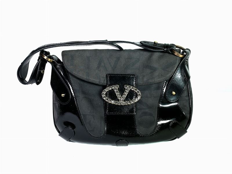 Borsa da Spalla in Pelle Lucida e Tessuto Monogram, Valentino