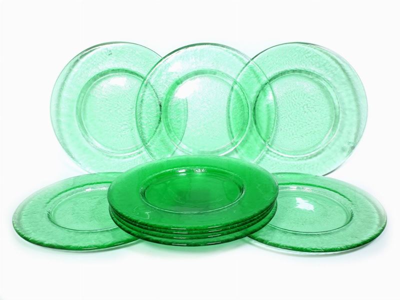 Serie di Nove Sottopiatti in Vetro Verde