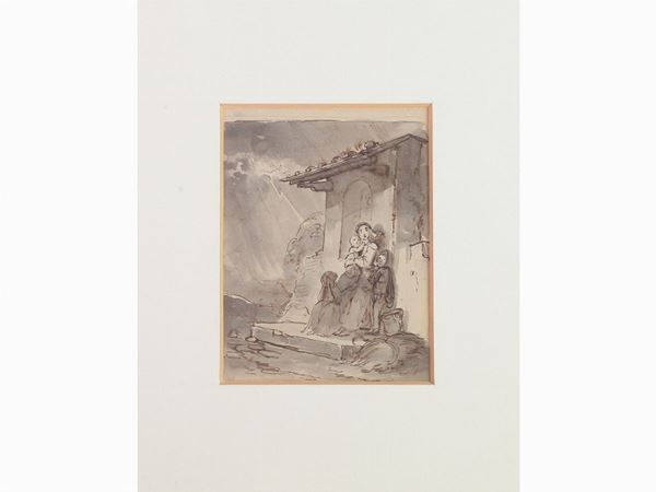 Giuseppe Moricci - Scorcio di paesaggio con figura femminile e bambini