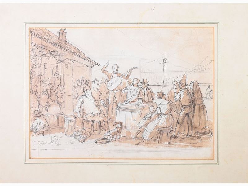 Giuseppe Moricci - Veduta di Aia con Popolani in Festa