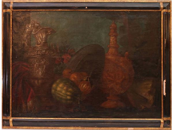 Cerchia di Francesco Noletti, detto il Matese - Natura morta con brocche, piatto metallico, tappeto, fiori e ortaggi