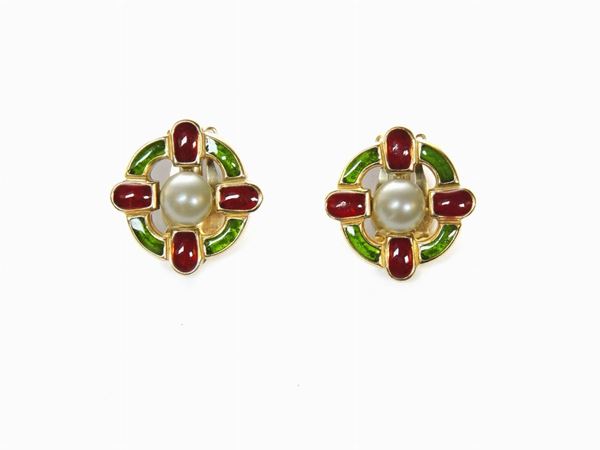 Goldtone metal, enamel and glass pair of earrings, Chanel
