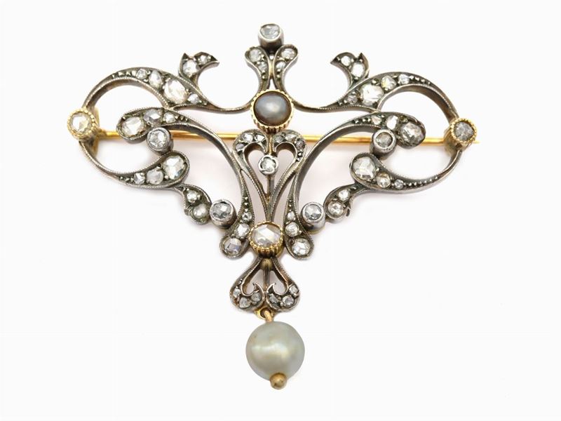 Spilla Liberty in Oro Giallo e Argento con Diamanti e Perle