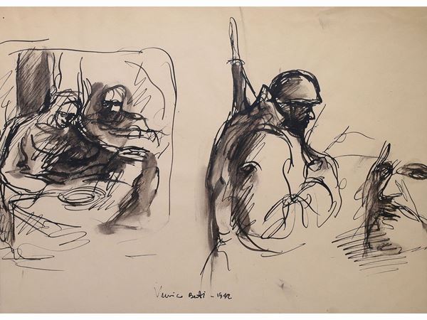 Vinicio Berti : Studio di figure e soldato 1942  ((1921-1991))  - Asta Arte moderna e contemporanea - Maison Bibelot - Casa d'Aste Firenze - Milano