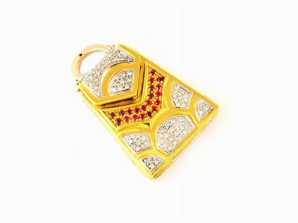 White and yellow gold pendant with diamonds and rubies