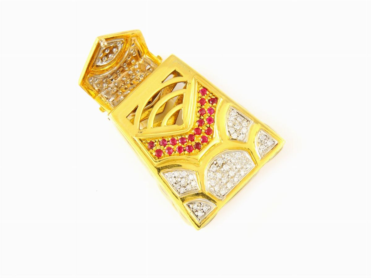 Pendente in Oro Giallo e Bianco con Diamanti e Rubini