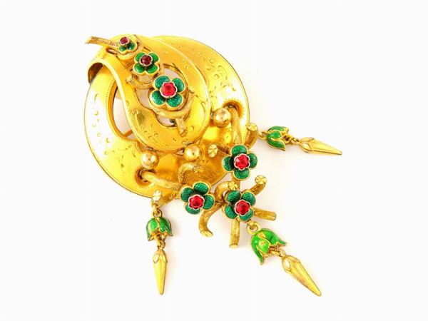 Low alloy yellow gold pendant brooch with enamels and rubies