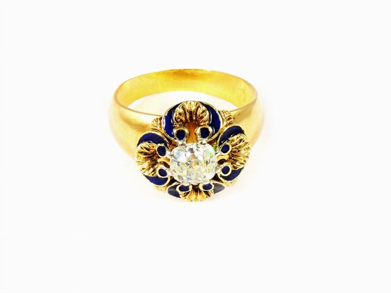 Anello in Oro Giallo, Smalto e Diamante