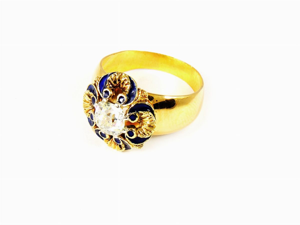 Anello in Oro Giallo, Smalto e Diamante