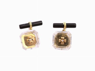 Gemelli in Oro Giallo, Diamanti, Onice e Quarzo