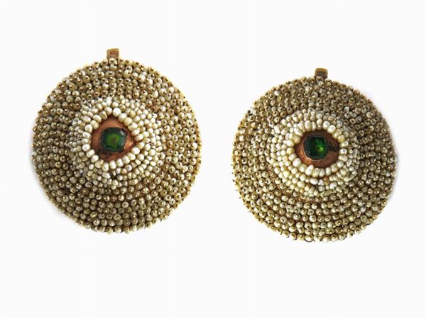 Low alloy yellow gold earrings with micro pearls and doublets
