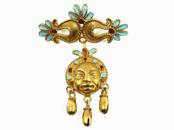 Yellow gold Unoaerre brooch with pendant and enamels