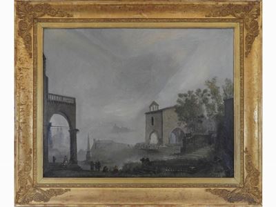 Paesaggio Lacustre con Architetture e Personaggi