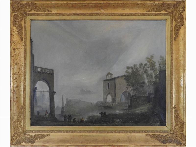Luigi Deleidi Detto il Nebbia - Paesaggio Lacustre con Architetture e Personaggi