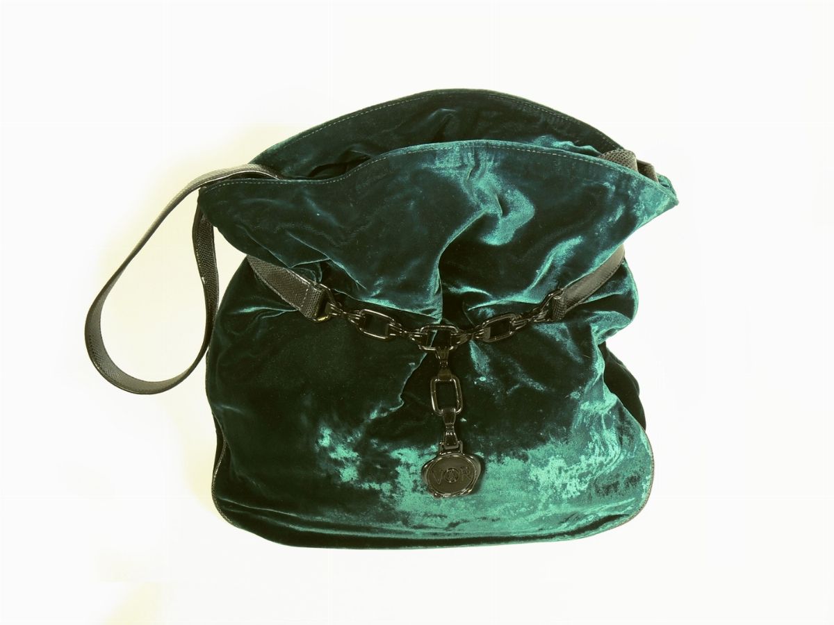 Borsa Hobo Viktor & Rolf in Velluto Verde Scuro e Rettile Nero