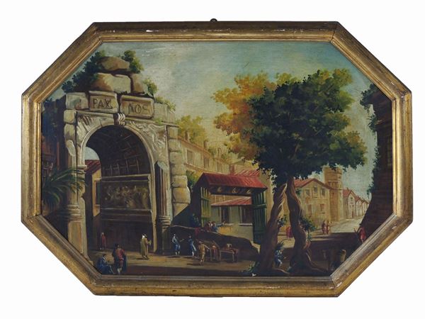 Scuola napoletana del XIX secolo - Landscape with architectures and figures