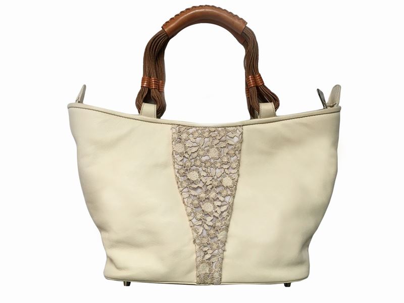 Borsa a Mano in Pelle Avorio, Desmo