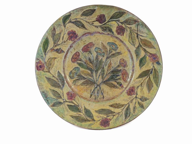 Piatto da Parata in Terracotta Gatti Faenza Smaltata a Lustro