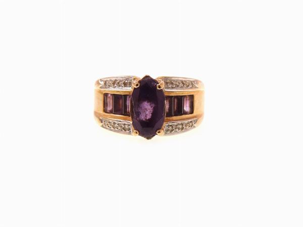 14Kt yellow and white gold Tiffany & Co band ring with diamonds and amethyst quartzes