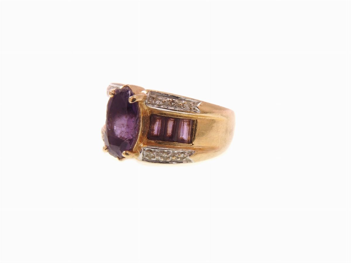 Anello a Fascia Tiffany & Co in Oro Giallo e Bianco 585/1000 con Diamanti e Quarzi Ametista