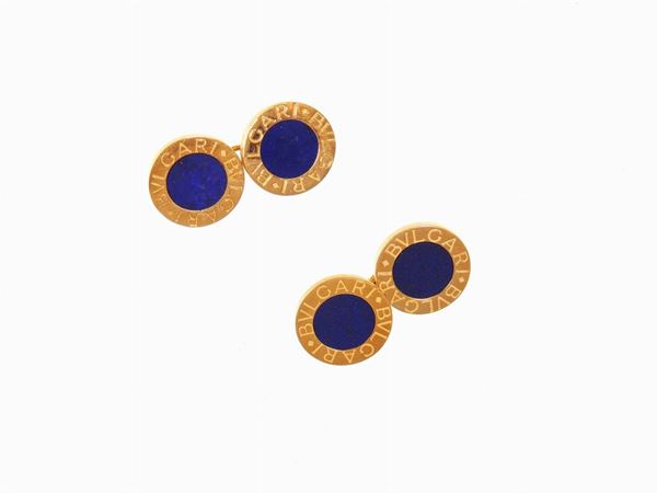 Yellow gold Bulgari cuff links with lapis lazuli