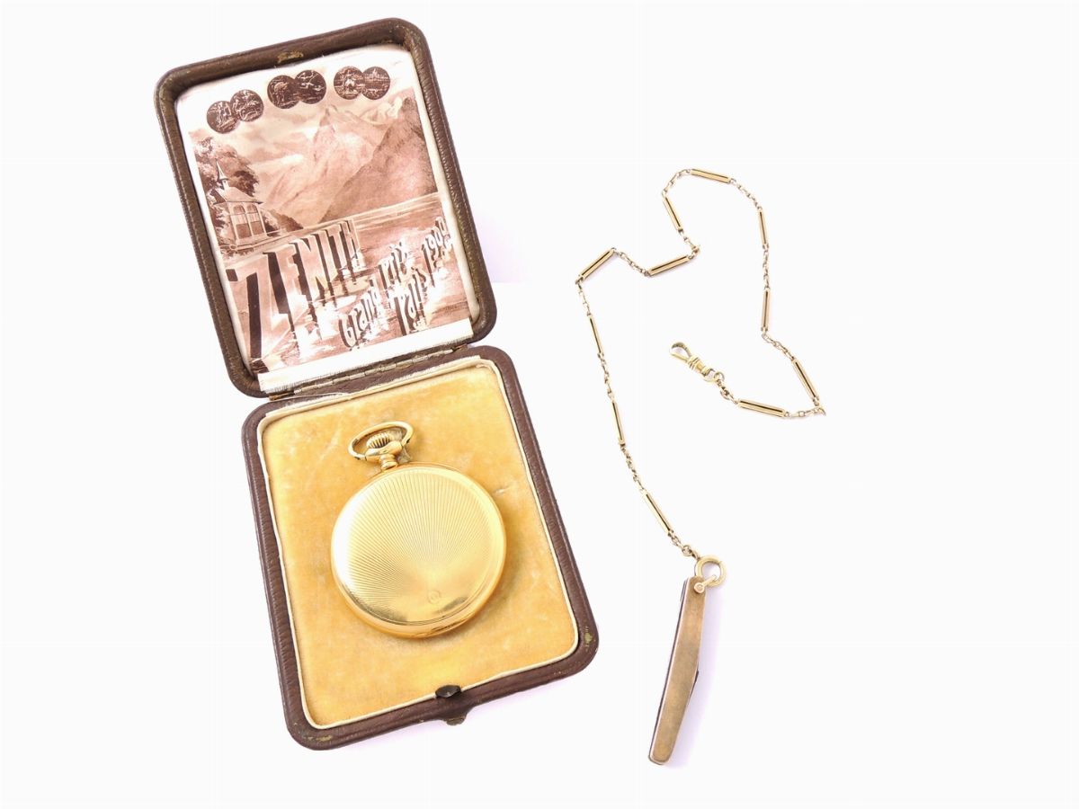 Orologio da Tasca per Uomo Zenith in Oro Giallo con Catena in Oro Giallo 585/1000 e Coltellino