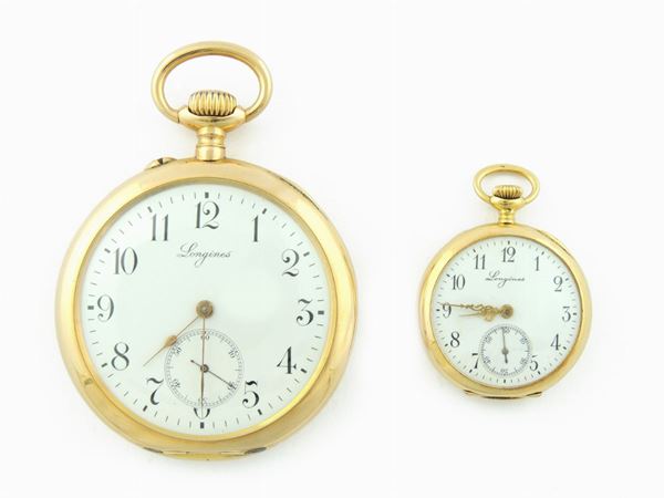 Two yellow gold Longines Gran Prix Paris 1900 pocket watches