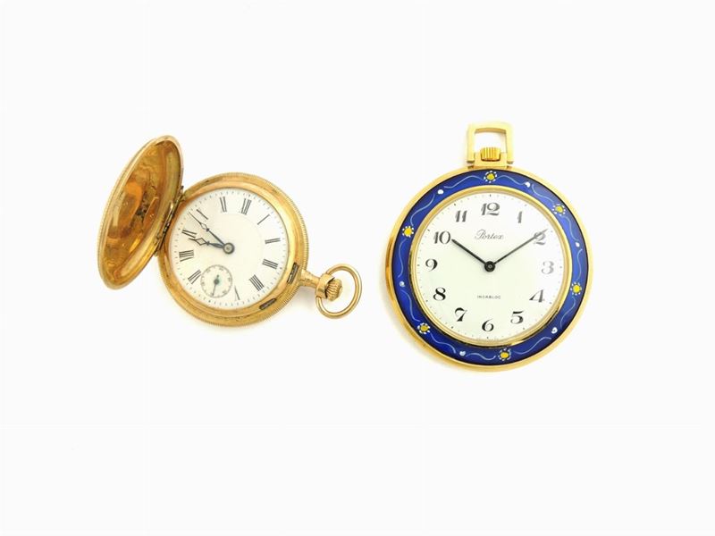 Due Orologi da Tasca Sigma in Oro Giallo 585/1000 e Portex Placcato Oro con Smalti