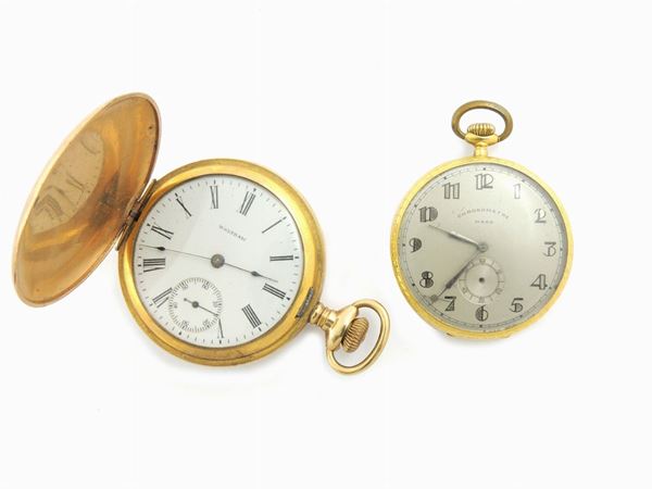 Due orologi da tasca Waltham Mass in metalli vari e Mara in oro giallo