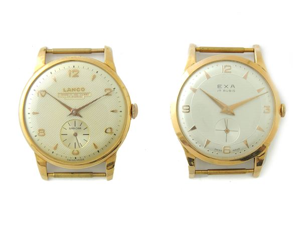 Two yellow gold Lanco and Exa gentlemen wristwatches