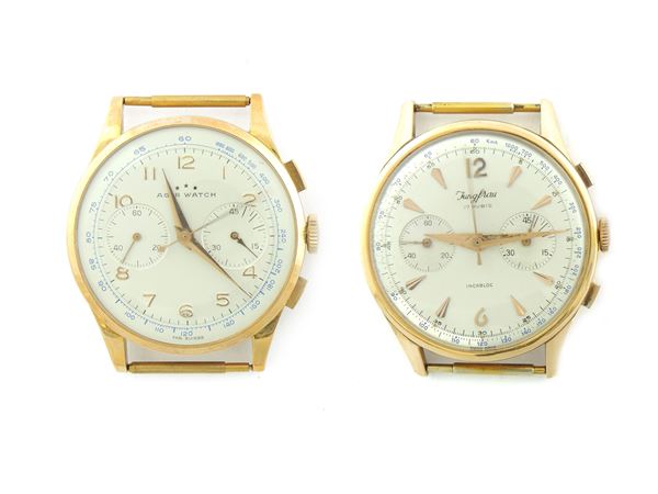 Two yellow gold Agir Watch and Jungfrau gentlemen wrist chronographes  (Switzerland, Sixties)  - Auction Watches - Maison Bibelot - Casa d'Aste Firenze - Milano