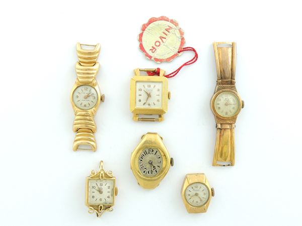 Six yellow gold Class Watch, Las, Nicor, K2, Mediator and unreadable mark ladies wristwatches