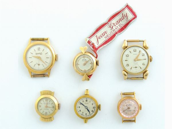 Six yellow gold Romet, Eberhard, Bassin, Sivos, Mitot and Grandy ladies wristwatches
