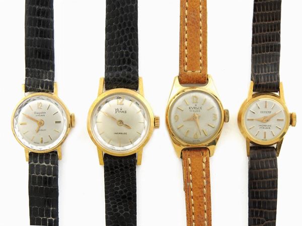 Four yellow gold Evelix, Prinz, Teriam and Mogolex ladies wristwatches
