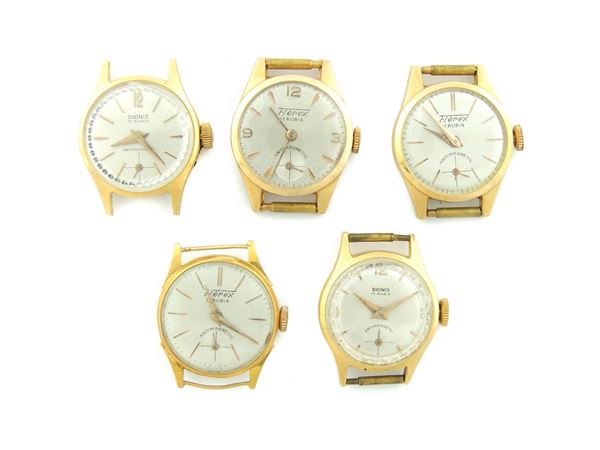 Five yellow gold Herex and Dionis ladies wristwatches