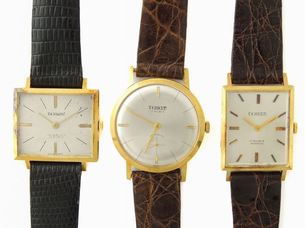 Three yellow gold Teriam gentlemen wristwatches