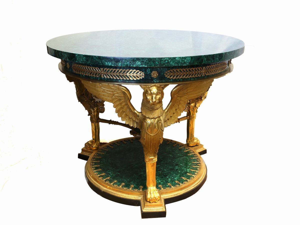 Tavolo da Centro in Malachite e Bronzo Dorato