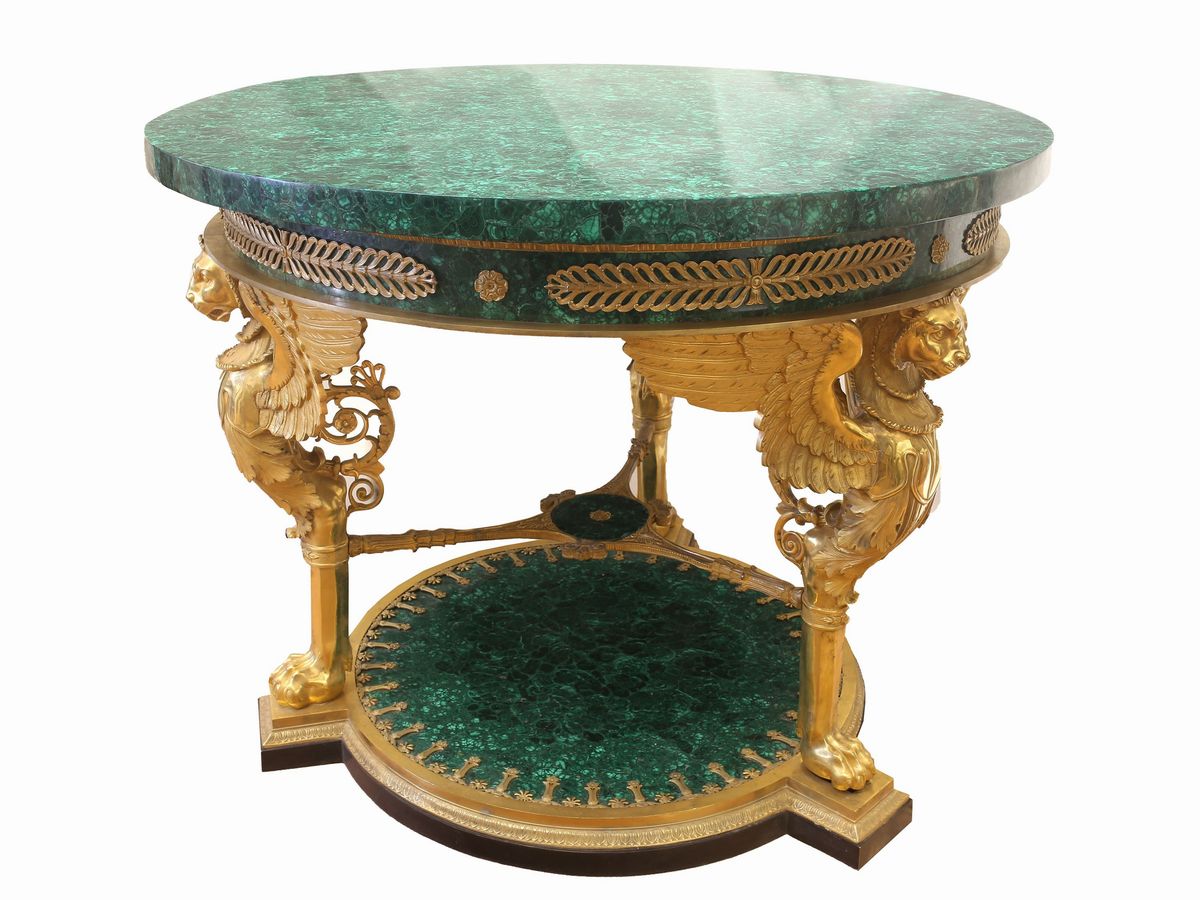 Tavolo da Centro in Malachite e Bronzo Dorato