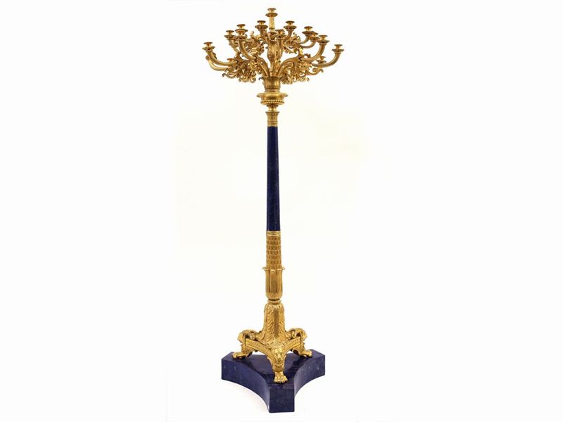 Grande Lume da Terra a Flambeau in Bronzo Dorato e Lapislazzuli